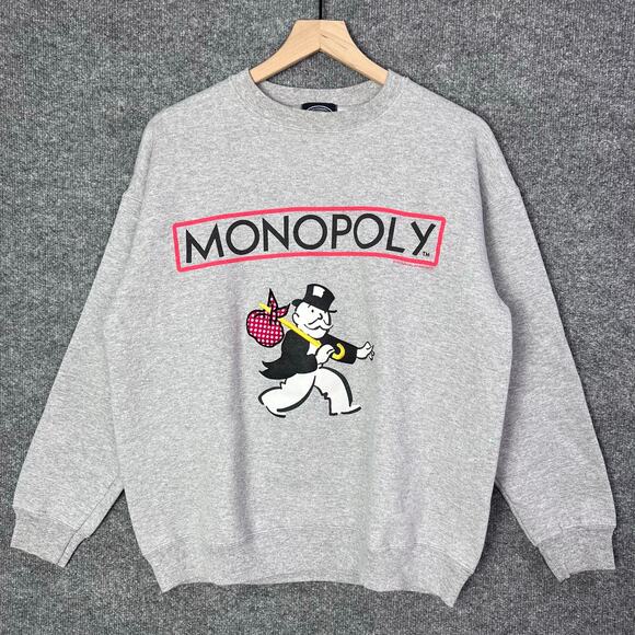 Vtg 1997 MONOPOLY MAN Spellout Sweatshirt Size Large Heather Gray Crew Neck - Picture 1 of 9